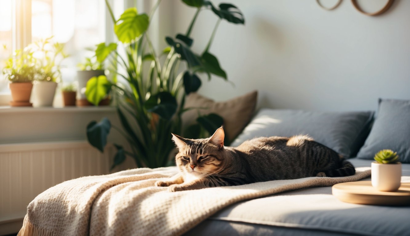 A peaceful, sunlit room with a contented cat lounging on a cozy blanket, surrounded by plants and natural elements