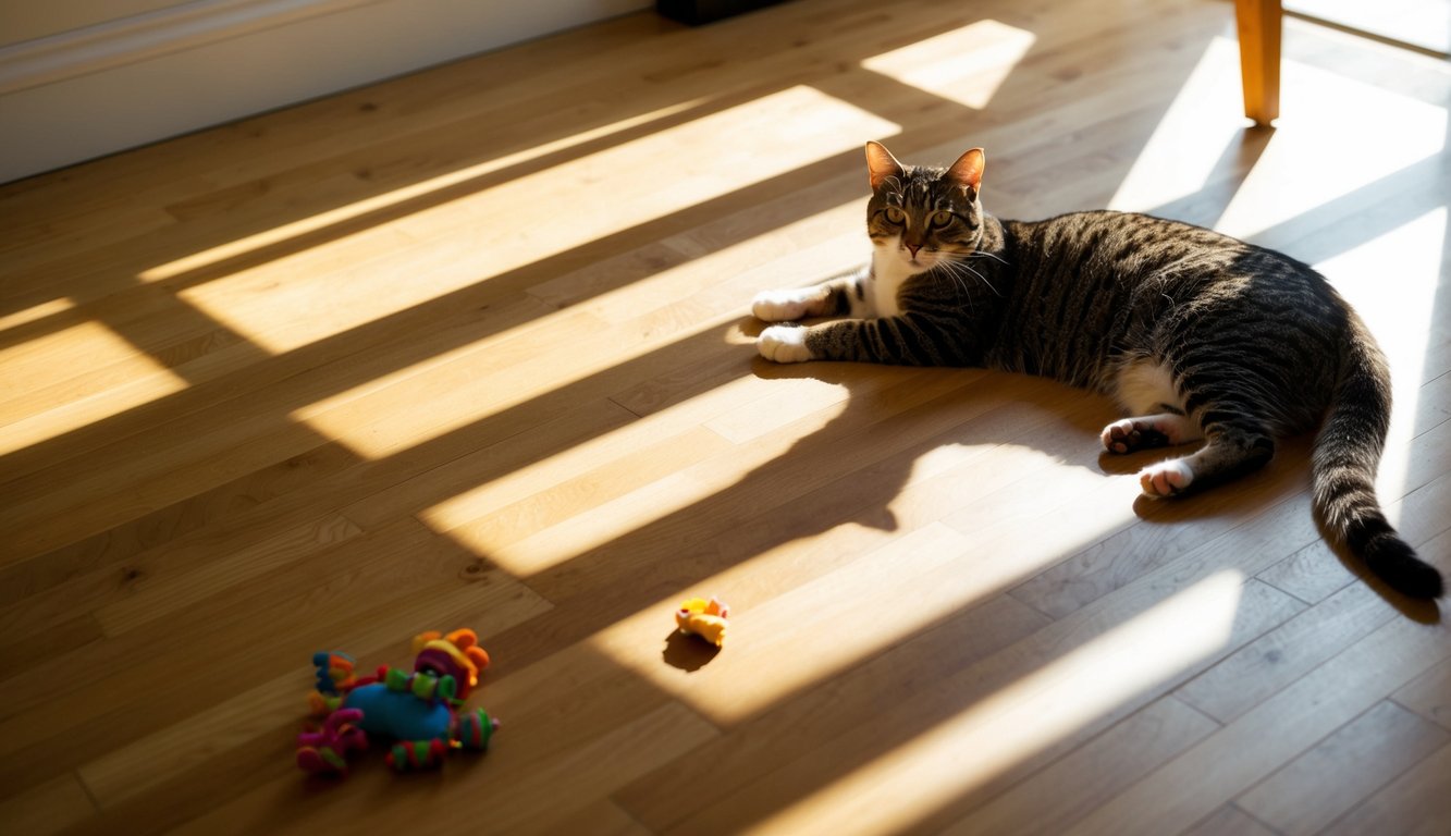 A cat lounging in a sunbeam, casting a long shadow across a hardwood floor, with a scattering of toys and a half-eaten treat nearby