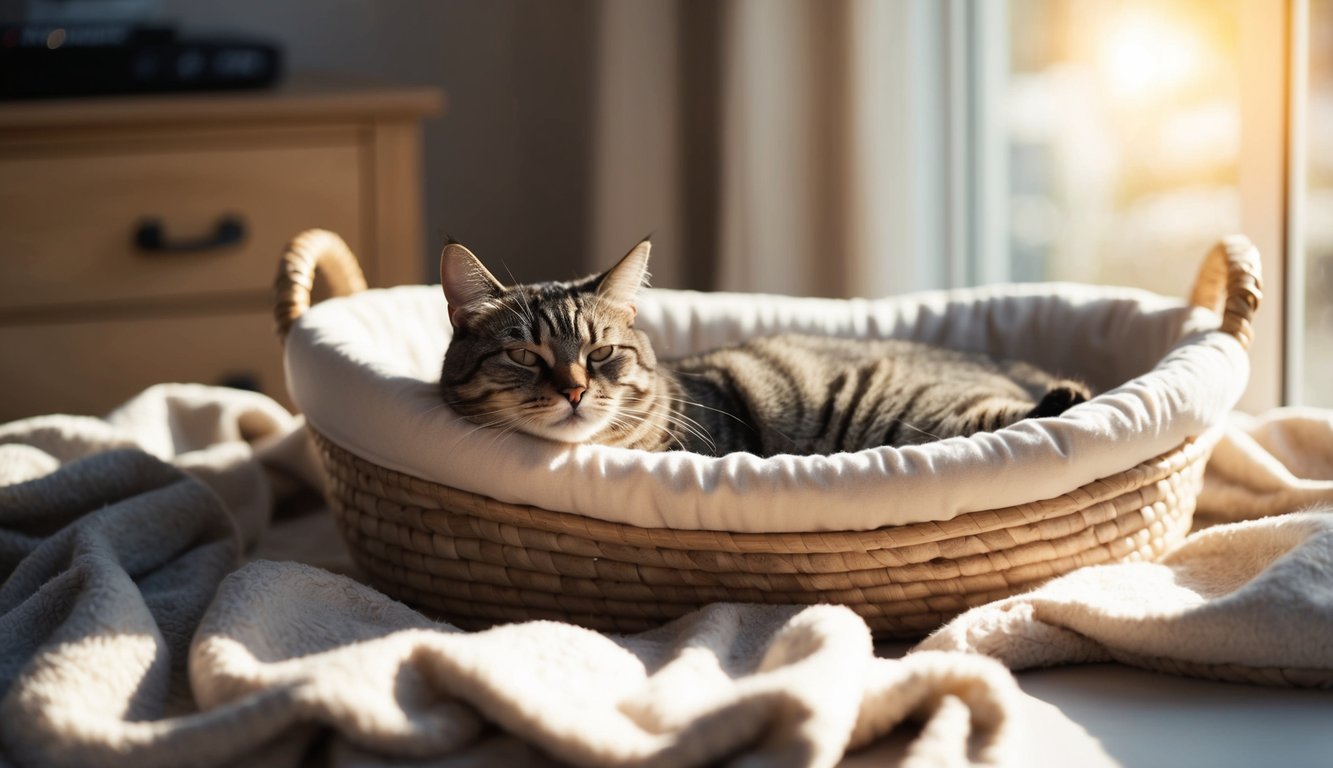 A cat lounges in a cozy basket surrounded by scattered blankets, looking unimpressed. Sunlight filters in, casting soft shadows on the scene