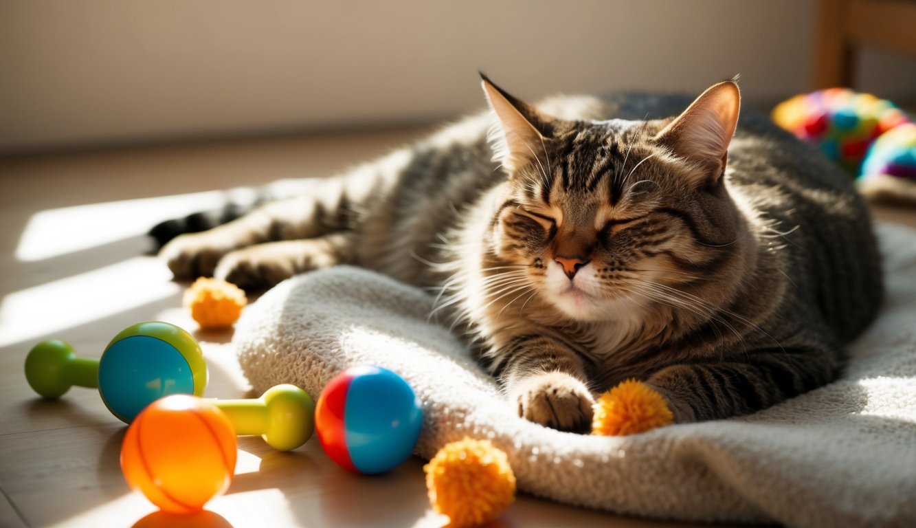 A cat lounging in a sunbeam, eyes half-closed with a contented expression, surrounded by scattered toys and a cozy blanket