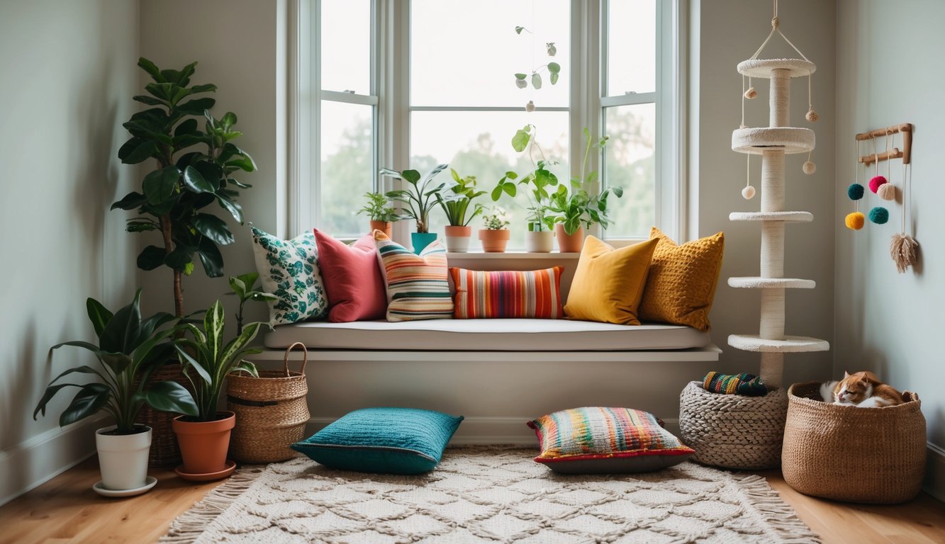 A cozy window seat with soft natural lighting, surrounded by potted plants and colorful cushions, a cat tower with hanging toys, and a variety of textured blankets and rugs on the floor