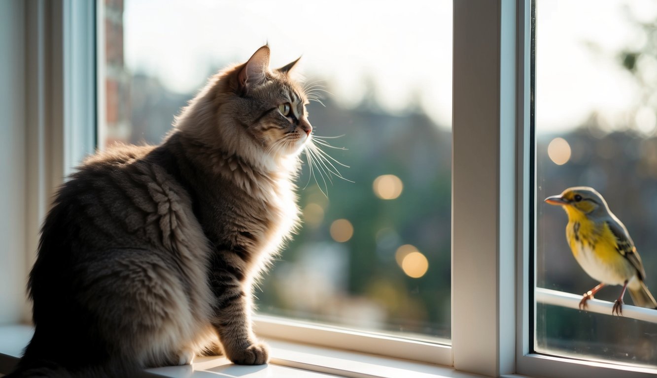 A fluffy cat perched on a windowsill, gazing out at a bird, with soft natural light streaming in