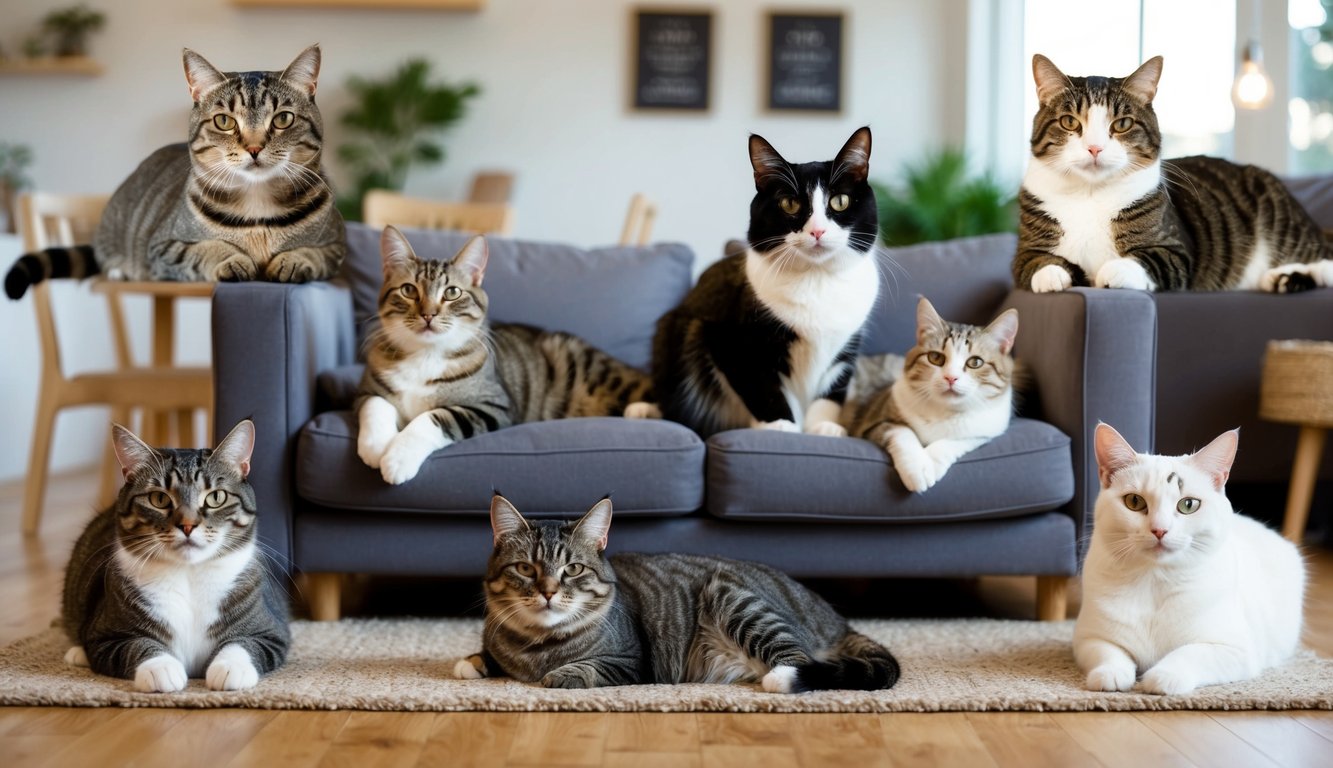 A cozy living room with 7 distinct cat breeds lounging around, each reflecting a different personality type. 3 other cat breeds are shown outside, not fitting the lifestyle