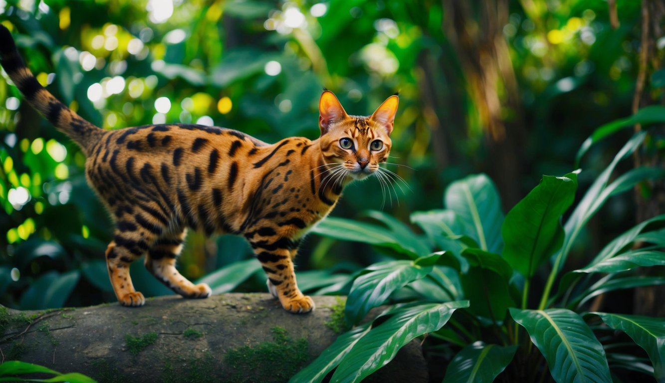 A Bengal cat confidently explores a lush jungle, its sleek and agile form embodying the adventurous spirit of its breed
