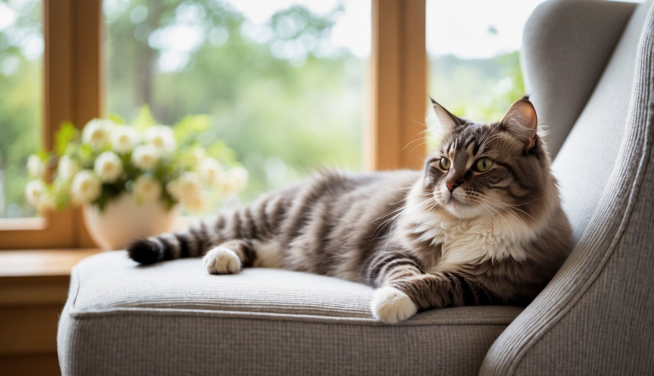 A relaxed Ragdoll cat lounging on a cozy chair, surrounded by peaceful and serene surroundings