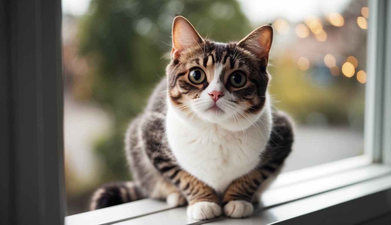 A Scottish Fold cat with wide, curious eyes sits perched on a window sill, gazing out at the world with a sense of quiet observation