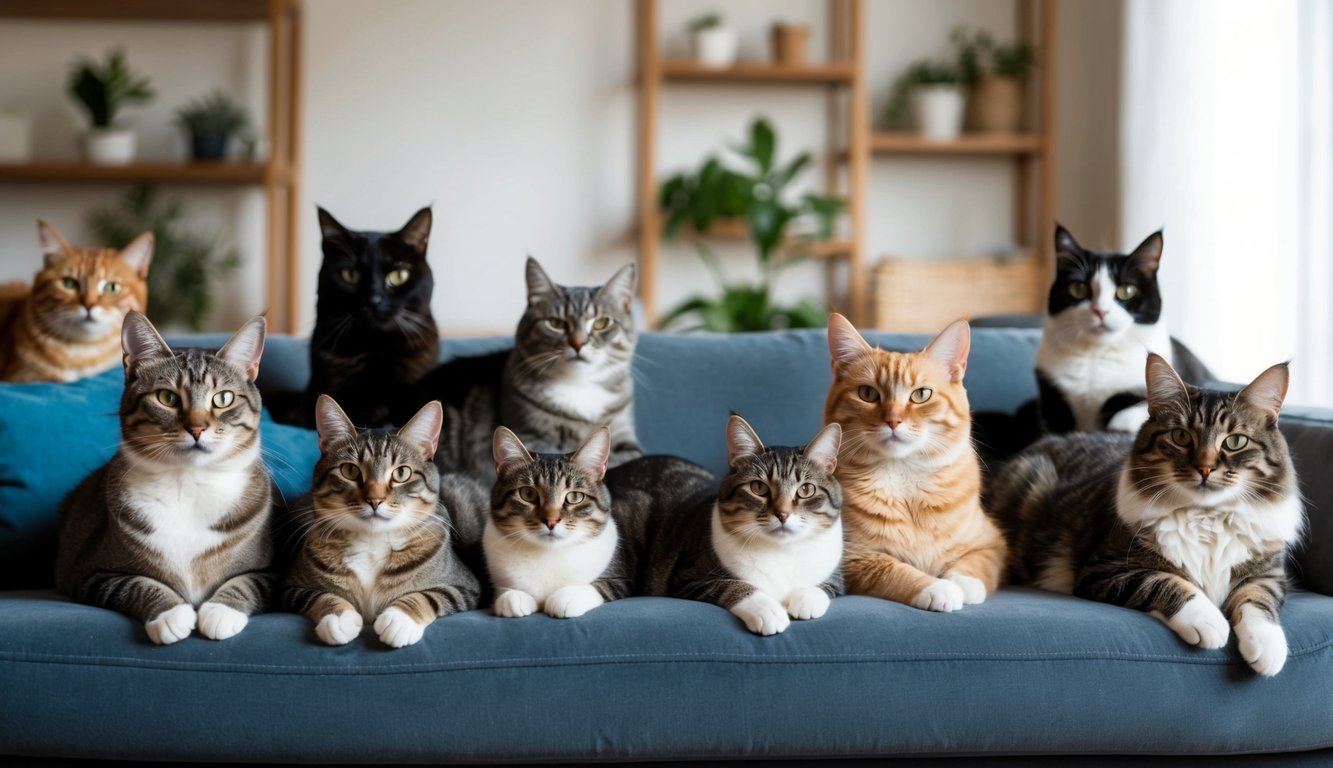 A cozy living room with seven different cat breeds lounging around, each reflecting a different personality type. Three other cat breeds are seen in the background, not fitting the lifestyle