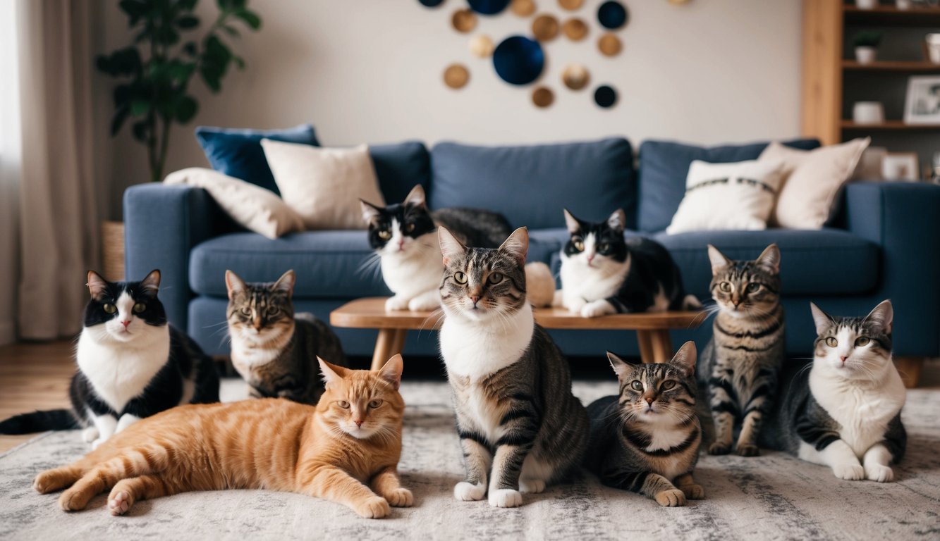 A cozy living room with a variety of cat breeds lounging and playing, each reflecting a different personality type