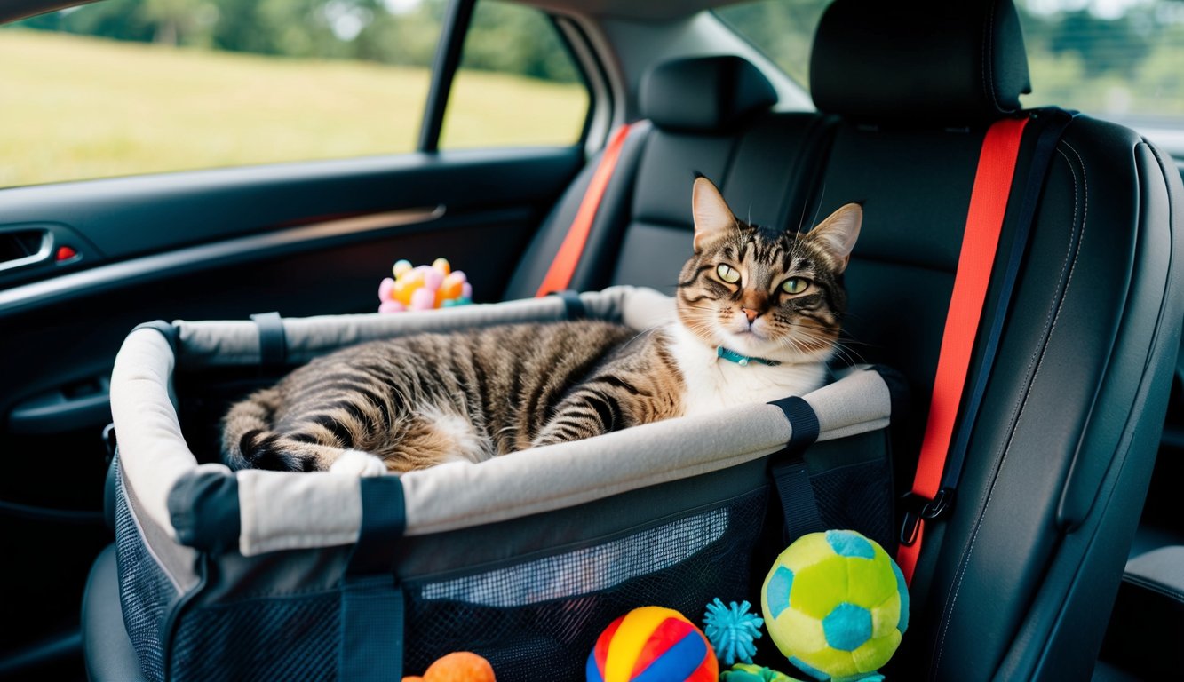 A cat lounges comfortably in a cozy pet carrier in the backseat of a car, surrounded by travel essentials and toys for a stress-free road trip