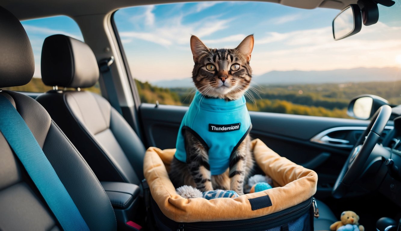 A cat wearing a Thundershirt sits calmly in a cozy travel carrier, surrounded by familiar toys and bedding, as the car drives through a scenic landscape