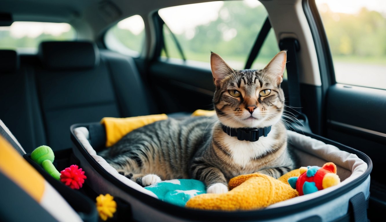 A serene cat wearing a pheromone calming collar relaxes in a cozy travel carrier, surrounded by familiar toys and blankets for a stress-free road trip