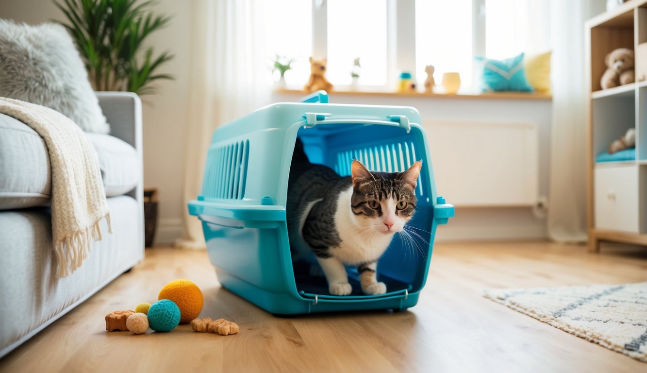 A cat calmly explores their open carrier in a bright, cozy room with toys and treats nearby