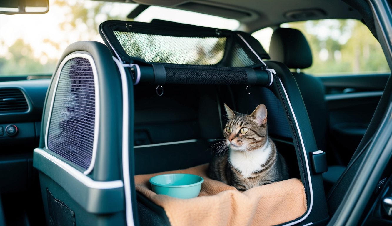 A cat carrier sits in a car, with windows open and a mesh top for ventilation. The interior is cozy with a soft blanket and a small water bowl