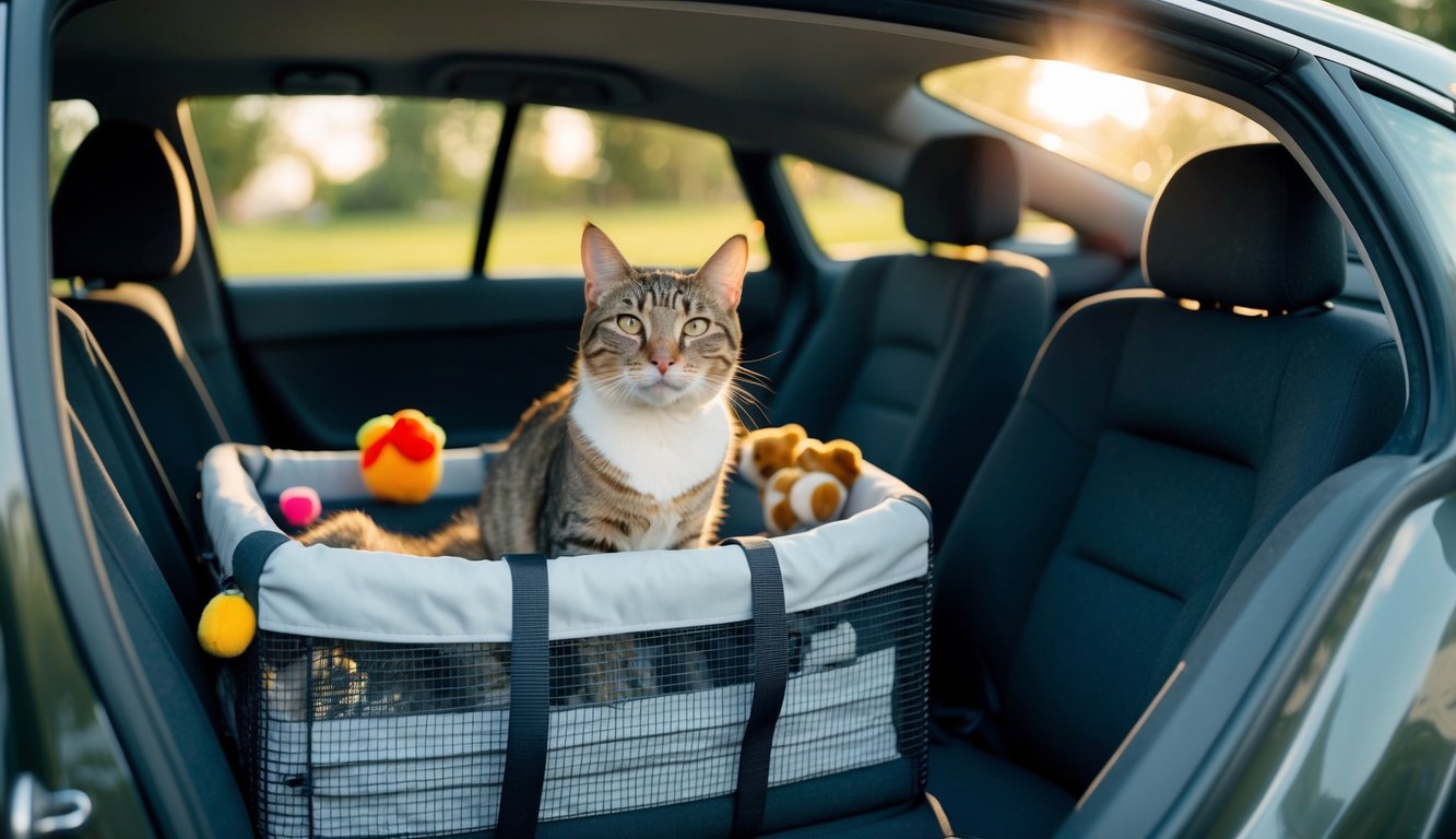 A cat sits calmly in a carrier inside a car, surrounded by toys and familiar scents. The car is parked in a quiet, familiar location, with the sun shining through the window