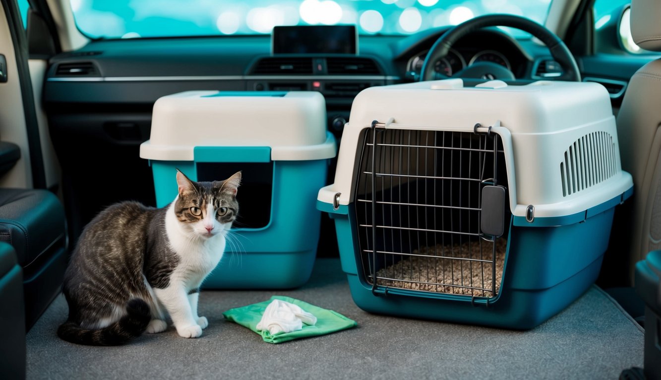 A compact travel litter box sits next to a cat carrier, with a scoop and waste bags nearby. The scene is set in a car or at a vacation destination