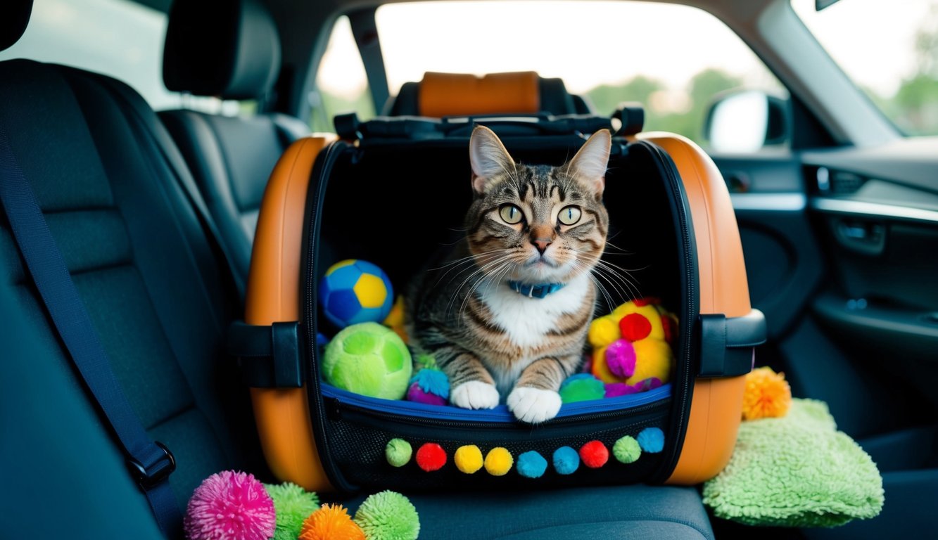 A cat surrounded by its favorite toys in a cozy travel carrier, ready for a stress-free road trip or vacation