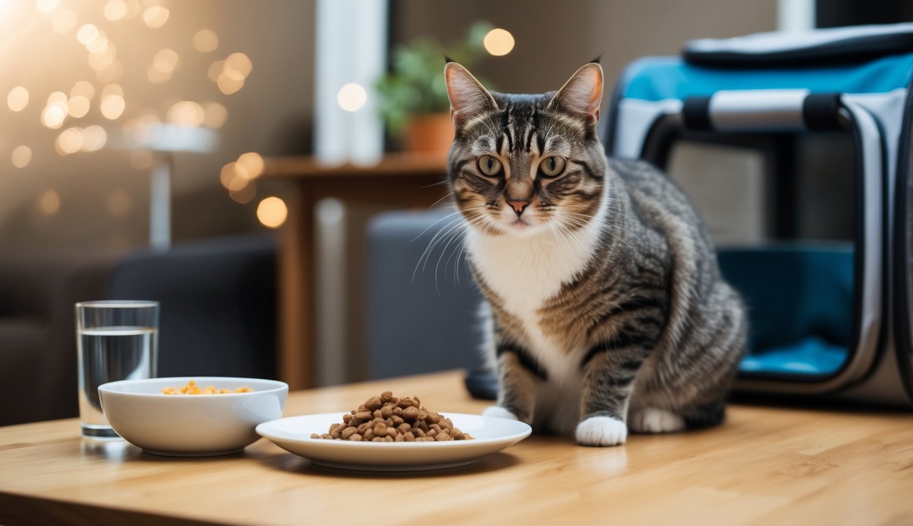 A cat sitting next to a bowl of water and a plate of food, with a travel carrier in the background