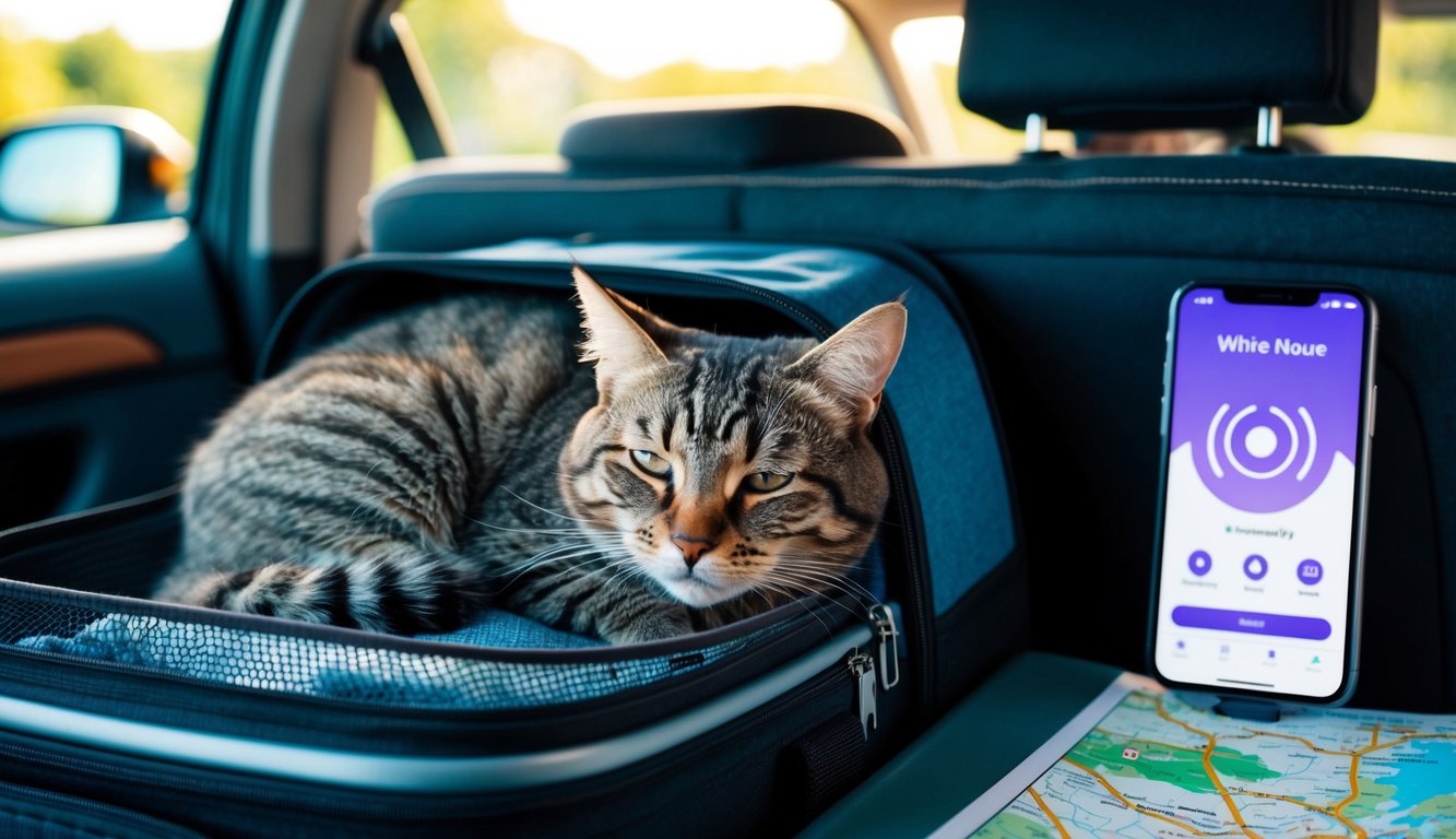 A cat curled up in a cozy travel carrier, with a smartphone displaying a white noise app nearby. The scene is set in a car with luggage and a map for a stress-free road trip