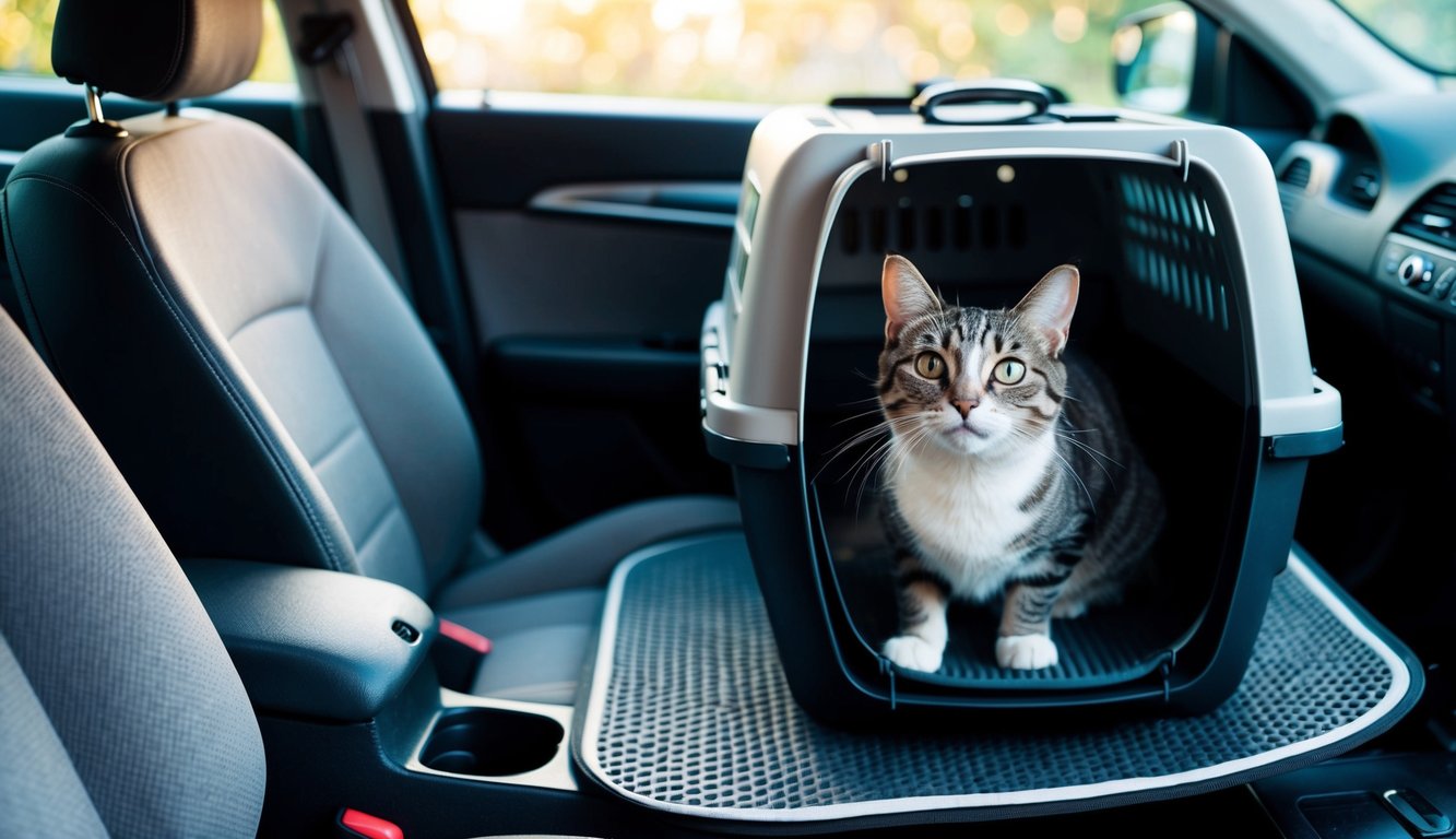 A cat carrier with a non-skid mat inside, positioned in a car for stress-free travel