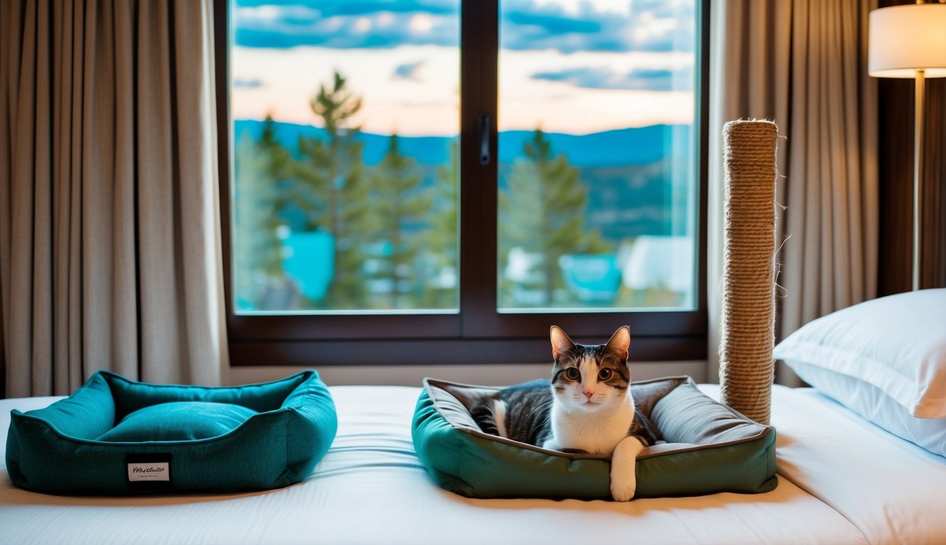 A cozy hotel room with a cat bed, food and water bowls, and a scratching post. Windows show a scenic view of nature