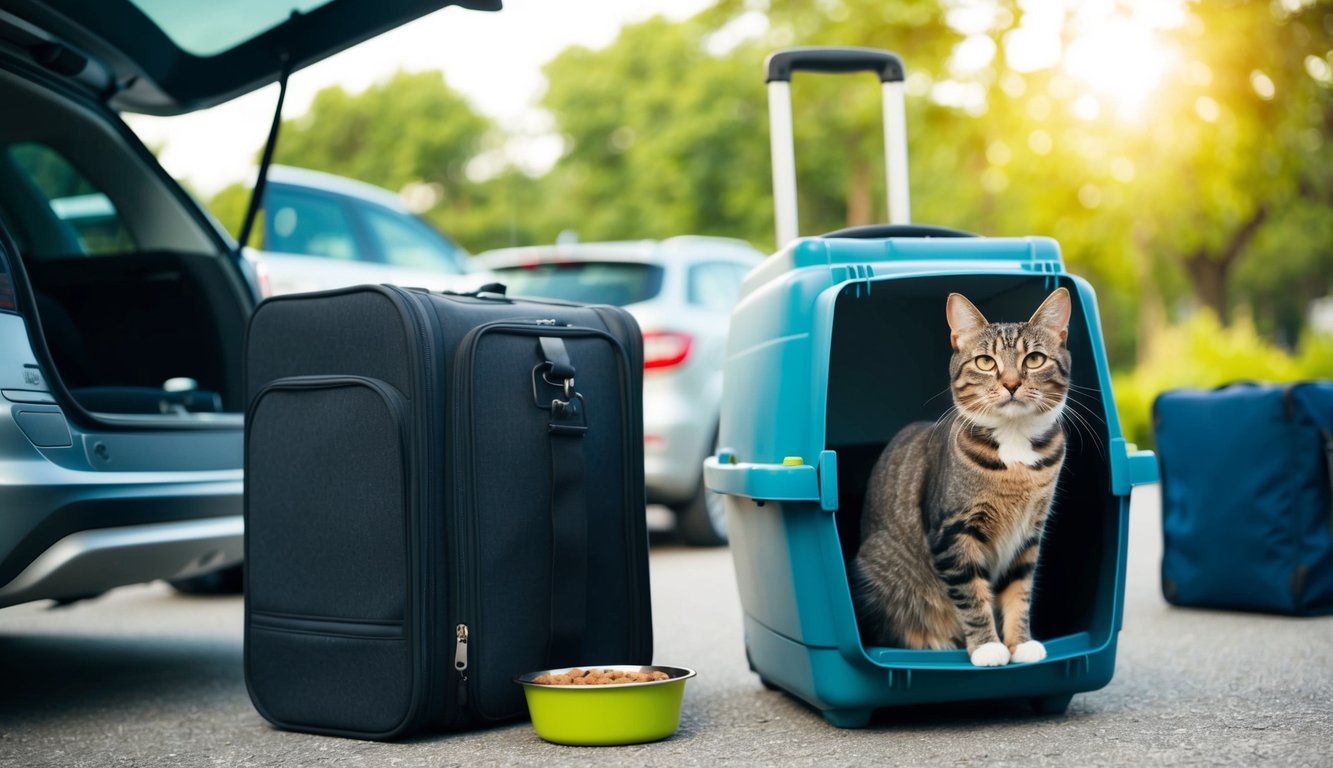 A cat sitting in a carrier with a full food bowl nearby, while a car is being packed for travel
