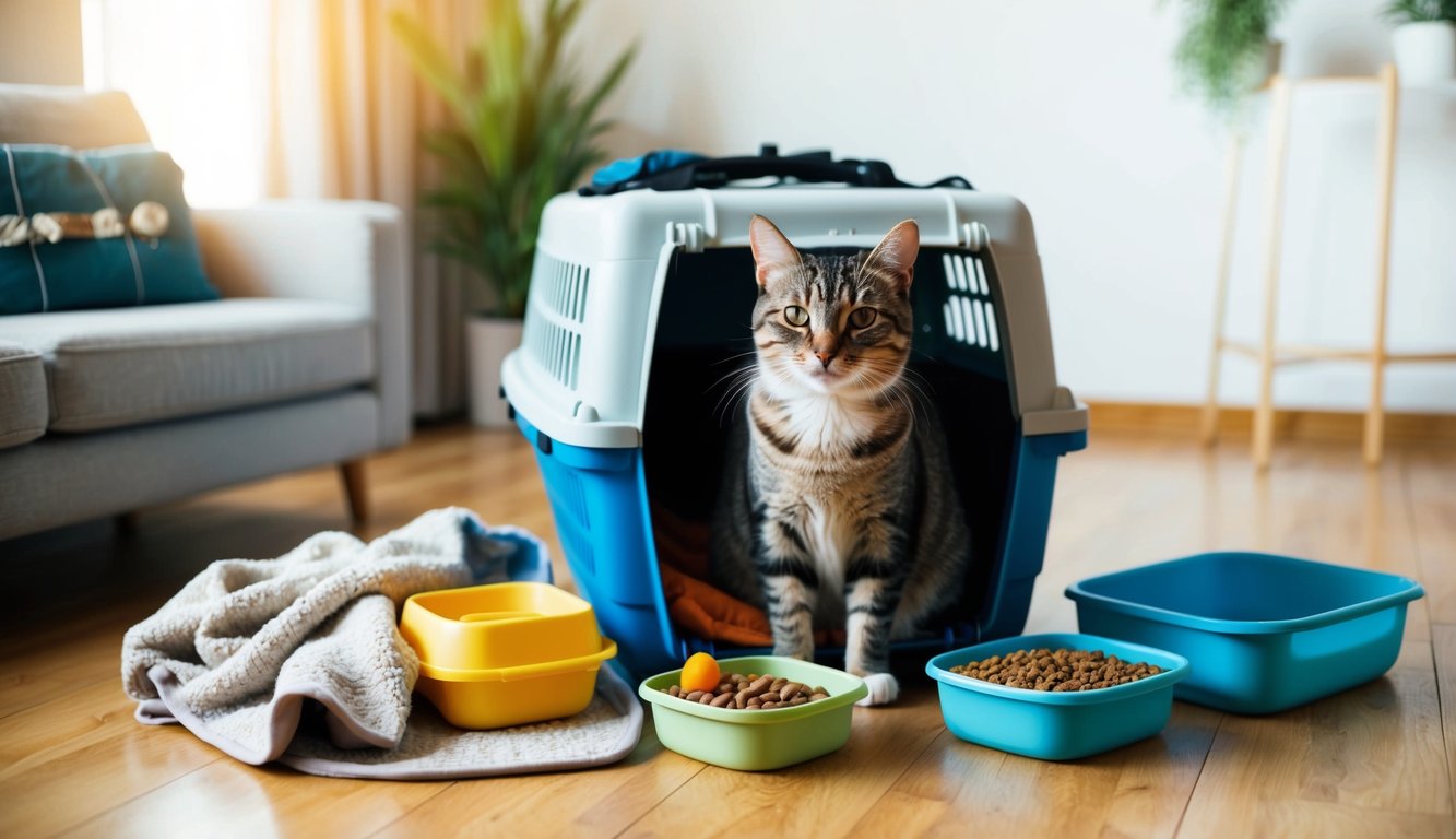 A cat sitting calmly in a carrier with a cozy blanket and favorite toys, surrounded by travel essentials like food, water, and a litter box