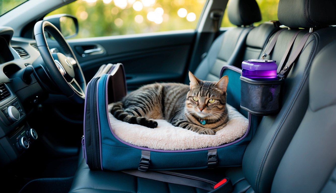 A cat lounges in a cozy travel carrier with a plush bed, toys, and a water dispenser. The carrier is secured in the backseat of a car, surrounded by calming lavender scents and soothing music