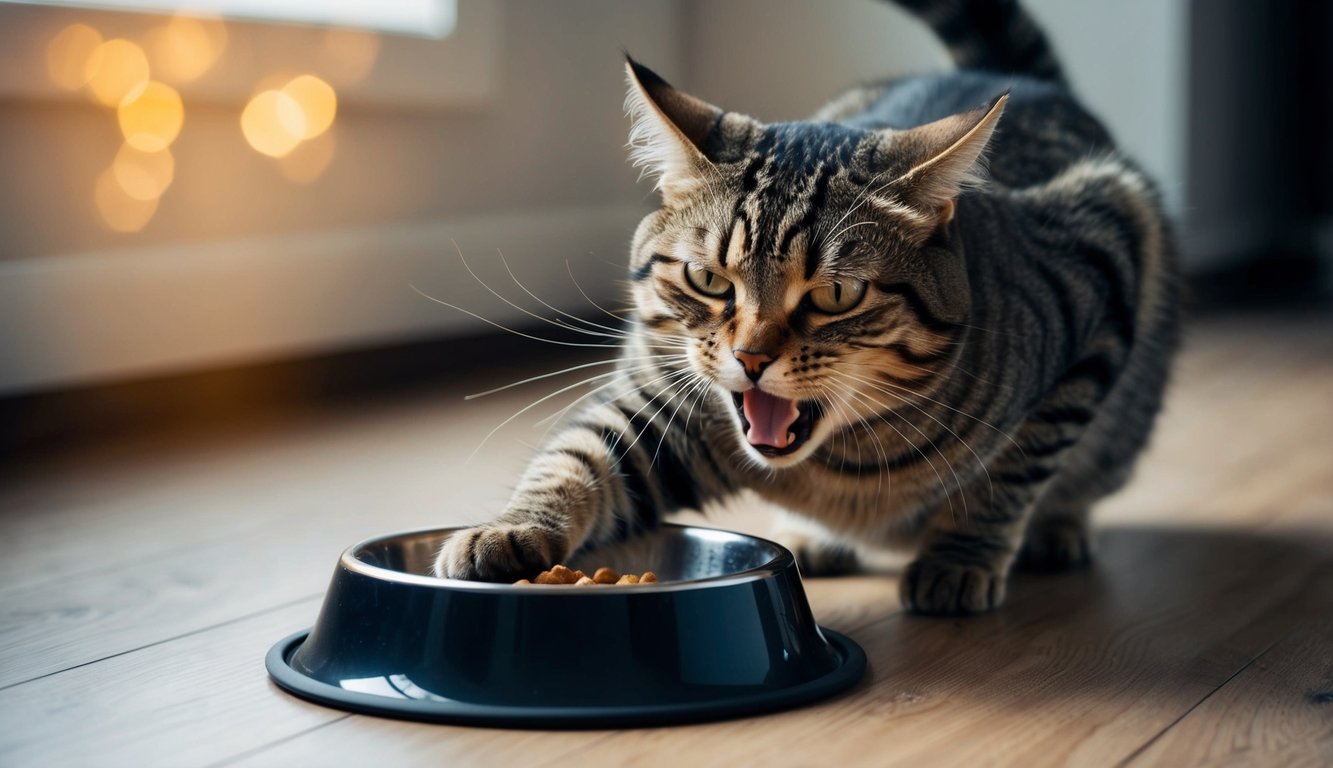 A hungry cat meows loudly, pawing at an empty food bowl. Its tail swishes back and forth, conveying impatience and frustration
