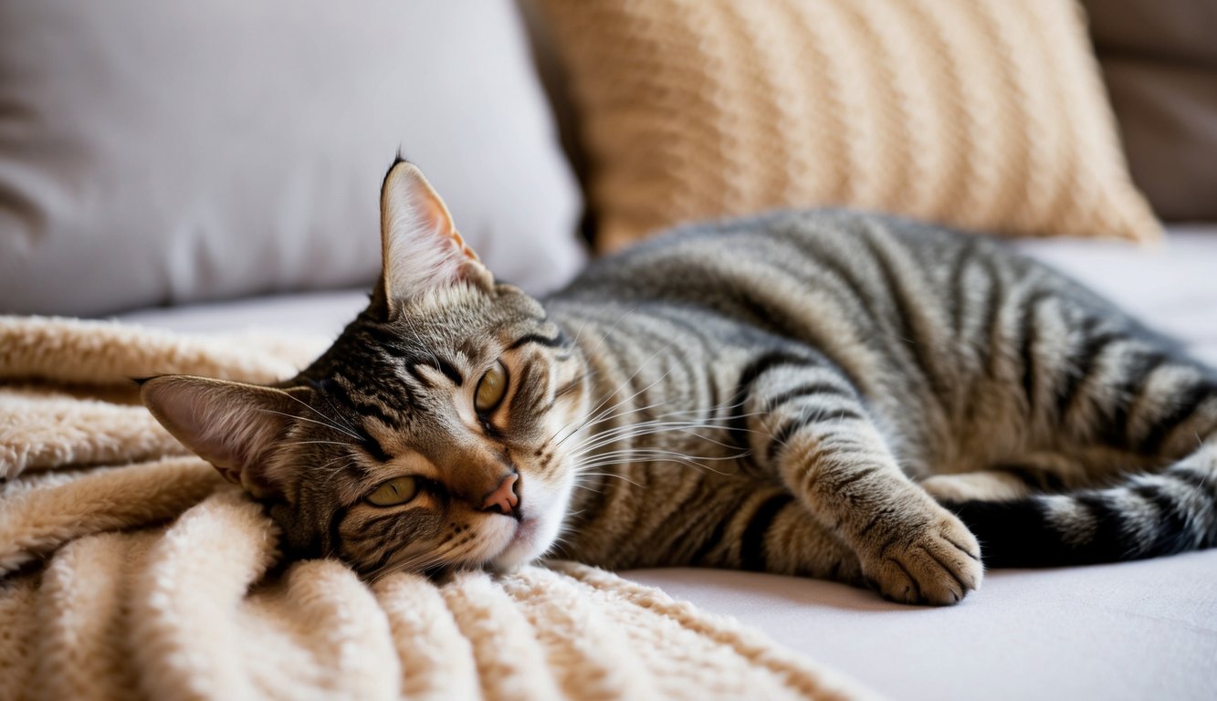 A contented cat lounges on a cozy blanket, eyes half-closed as it emits a gentle purr. Its body is relaxed, tail curled around its form