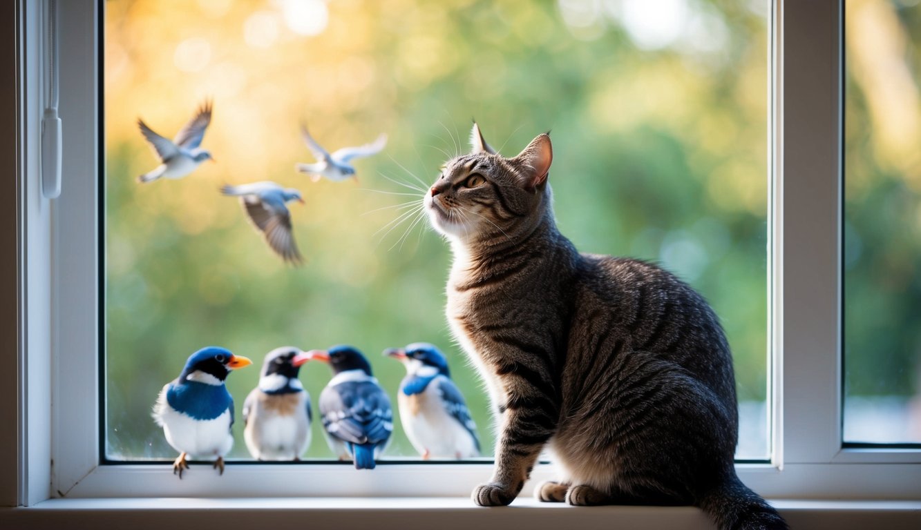 A cat perched on a windowsill, chirping at a group of birds outside