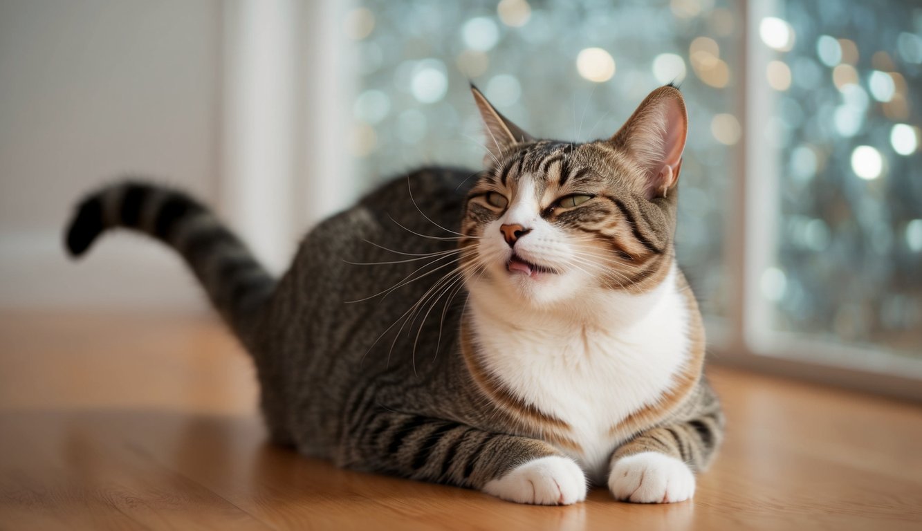 A contented cat purring softly while chirping, eyes half-closed in bliss, tail swishing lazily