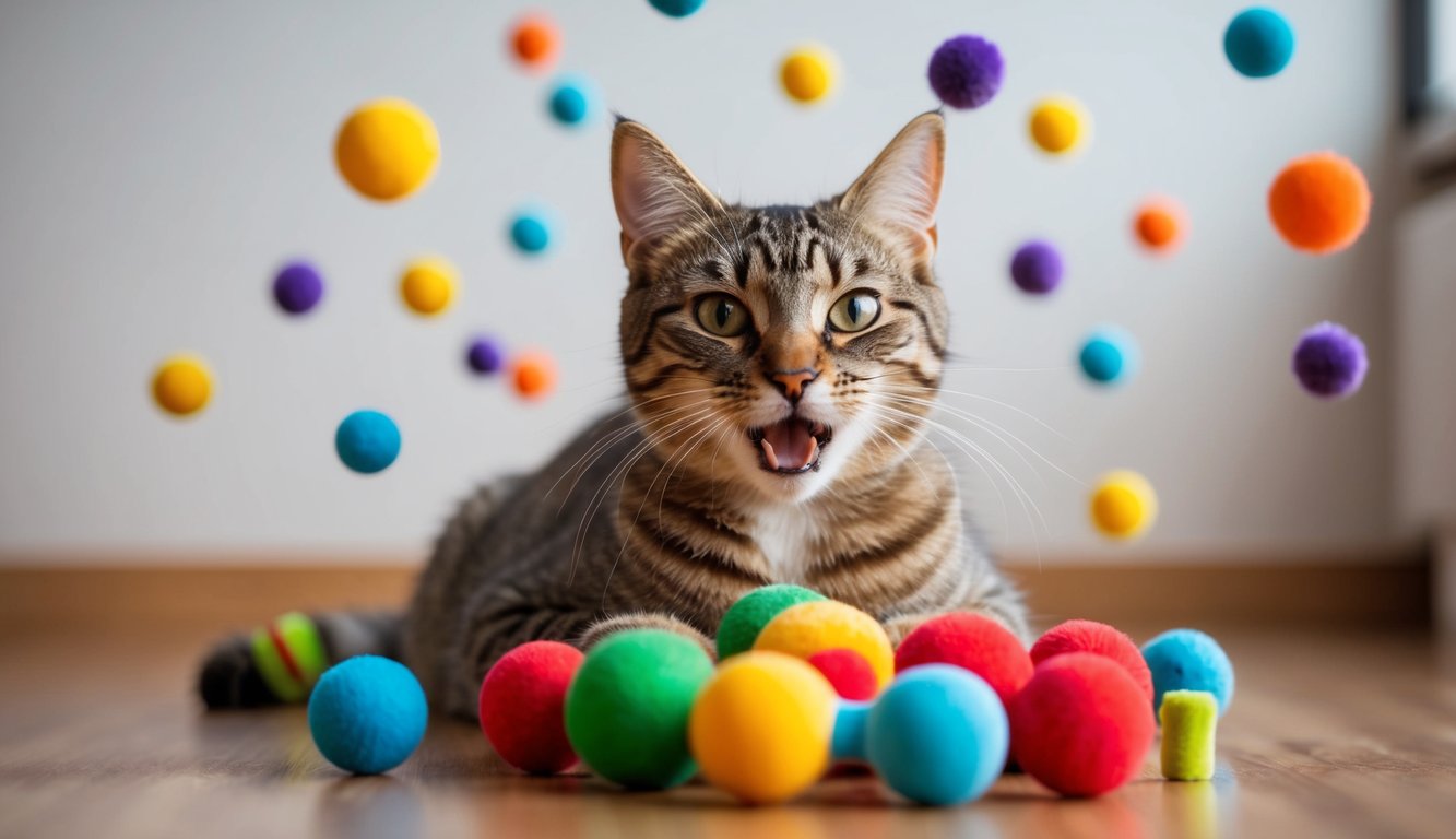 A playful cat surrounded by toys, emitting various vocalizations with hidden messages