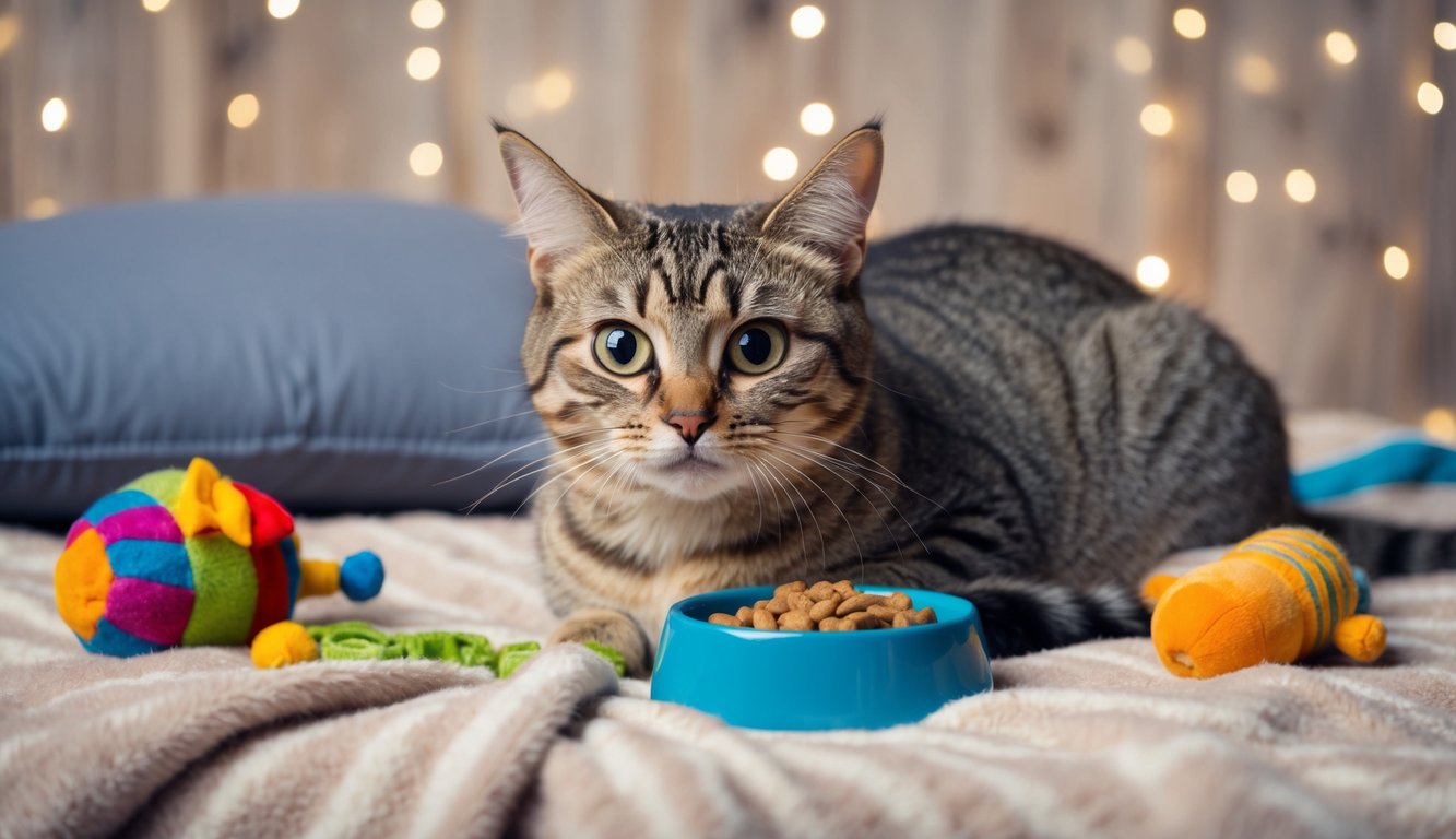 A cat with wide, worried eyes sits on a cozy blanket, surrounded by toys and a bowl of food. Its tail twitches as it emits a series of anxious meows