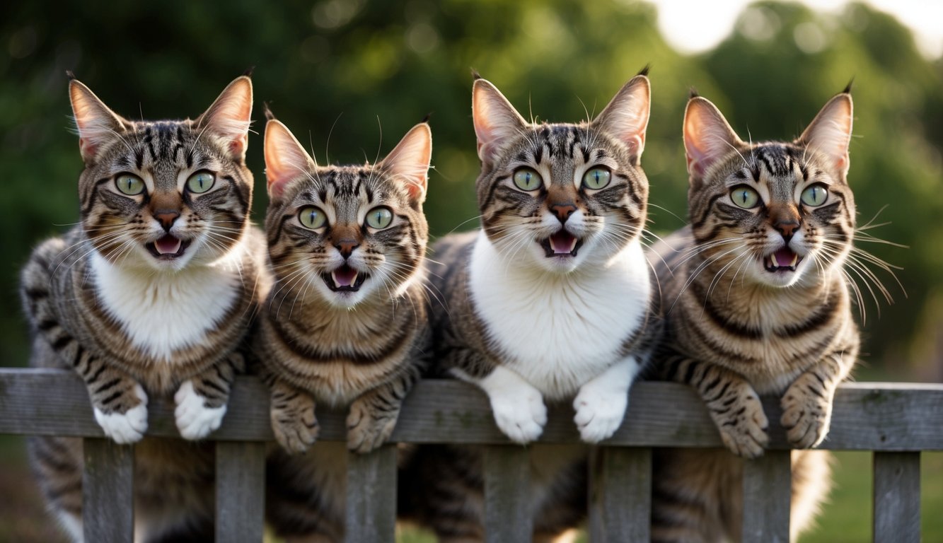 Cats perched on a fence, ears forward, eyes fixed on prey. Their mouths emit various vocalizations, from soft purrs to sharp meows and chirps