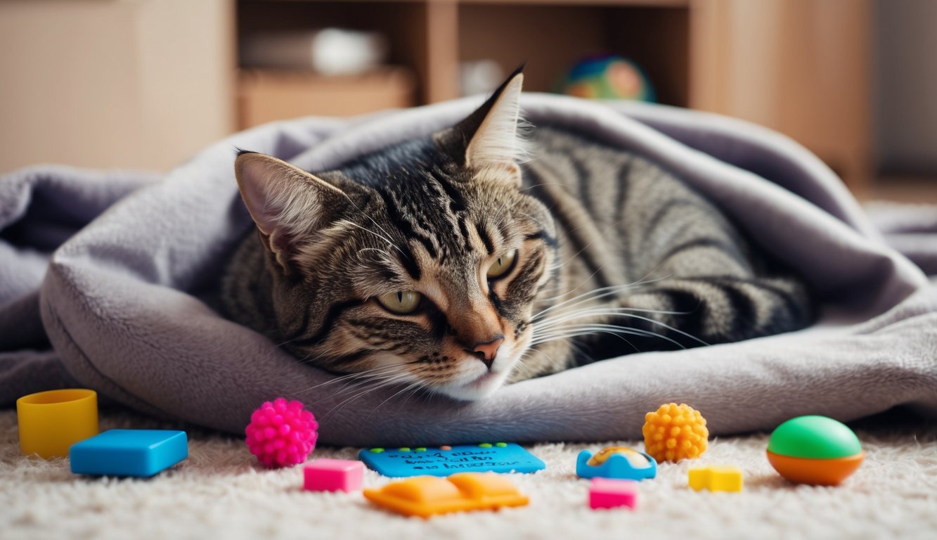 A contented cat curled up on a cozy blanket, emitting rhythmic trills and purrs while surrounded by hidden messages in the form of toys and treats