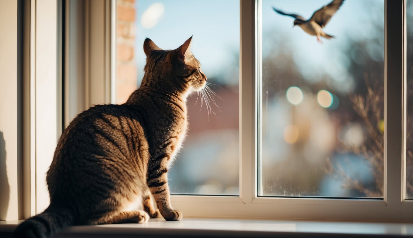 A cat sitting on a windowsill, looking out at birds, with its ears perked up and its tail twitching