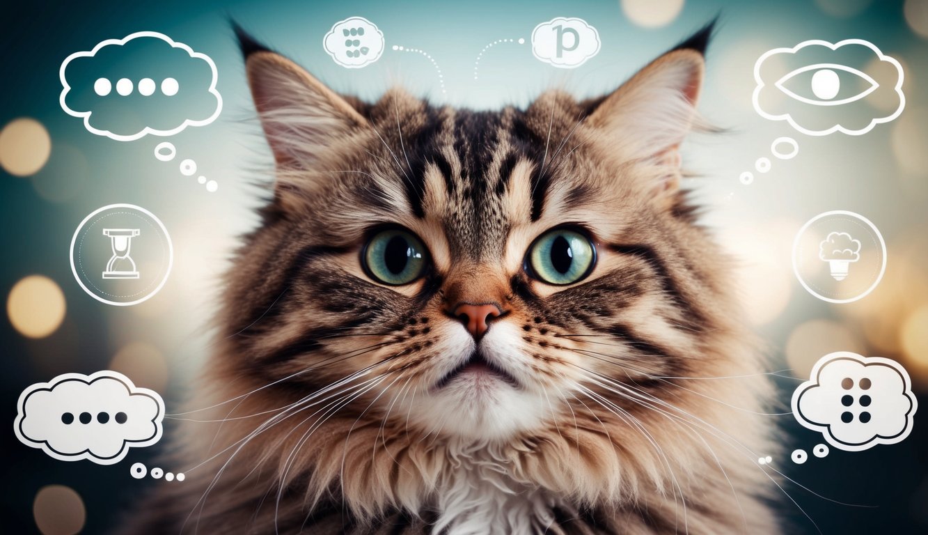 A fluffy cat with wide eyes emits various vocalizations, from soft purrs to loud meows, while surrounded by mysterious symbols and thought bubbles