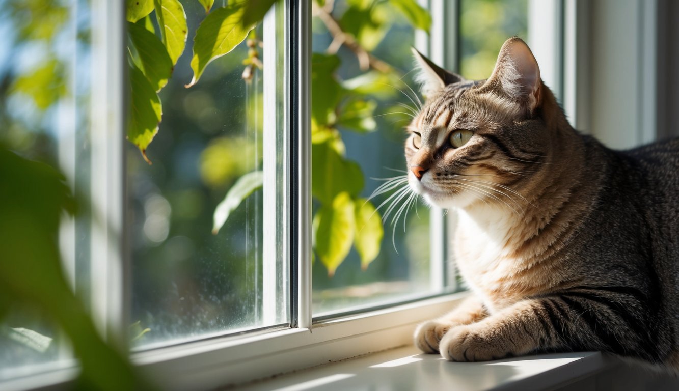 A contented cat sits on a windowsill, purring softly as it gazes out at the world. The sunlight filters through the leaves, casting dappled patterns on the floor