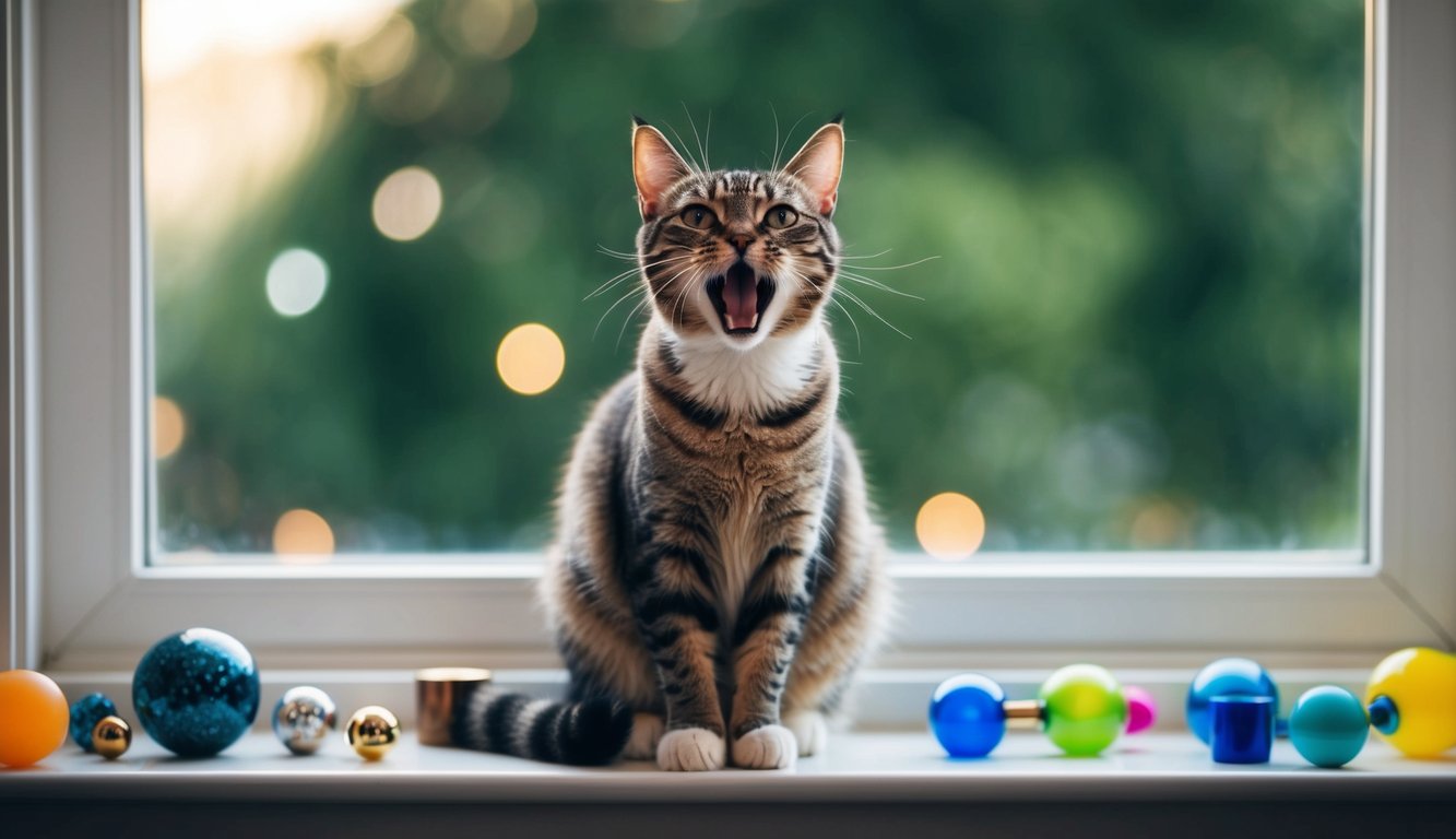 A cat sitting on a windowsill, surrounded by various objects, with its mouth open and emitting a variety of vocalizations