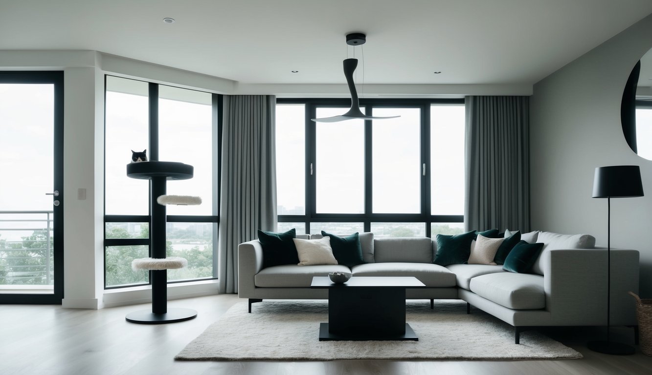 A modern living room with sleek, minimalist cat furniture integrated seamlessly into the decor, including a stylish cat tree and a cozy window perch