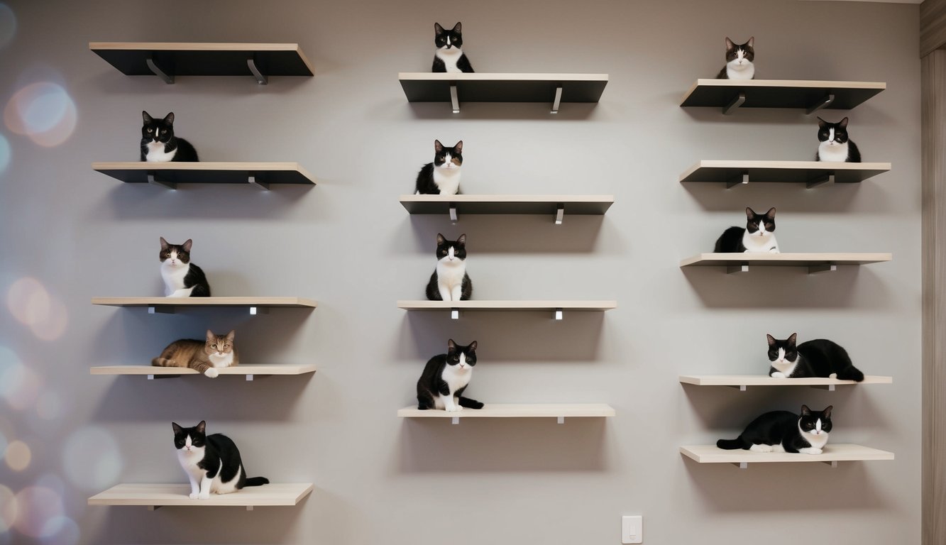 Several floating cat shelves arranged in a staggered pattern on a wall, each with a stylish and modern design, providing a functional and decorative element to the room