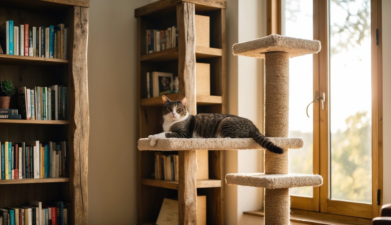 A cat lounges on a tall, rustic bookshelf converted into a cozy tree with platforms and scratching posts. Sunlight streams through a nearby window, casting a warm glow on the feline's fur