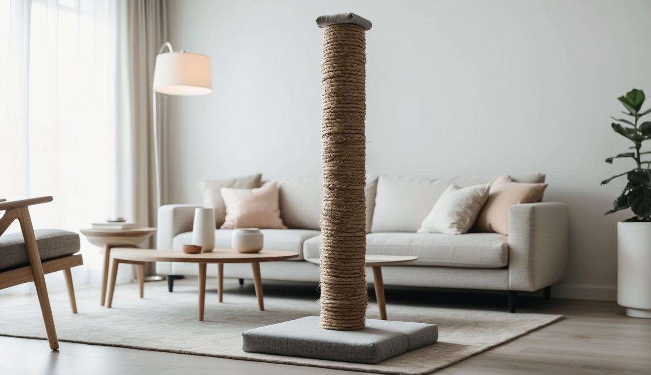 A sleek, modern scratching post wrapped in rope stands in a stylish living room, surrounded by minimalist furniture and soft, neutral colors
