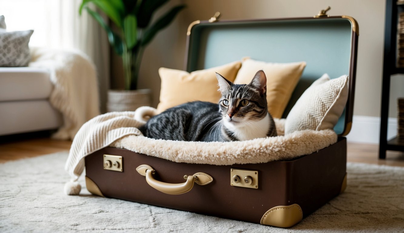 A vintage suitcase converted into a cozy cat bed, adorned with plush pillows and a soft blanket. Surrounding decor complements the stylish and functional DIY cat furniture piece