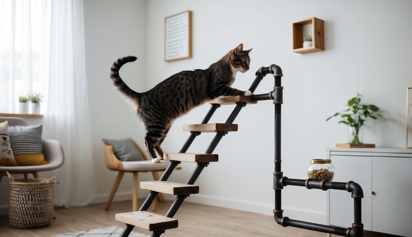 A cat gracefully climbs an industrial-style pipe ladder, surrounded by modern, stylish DIY cat furniture