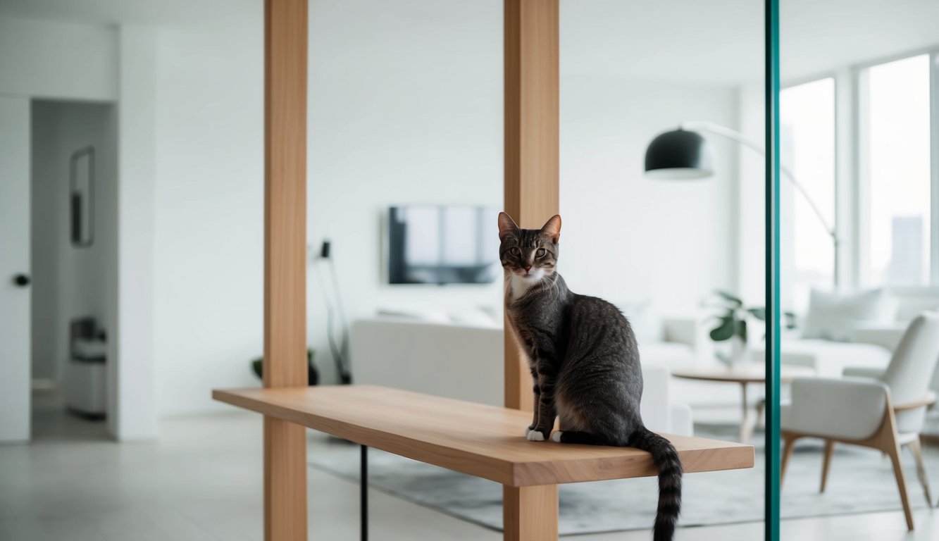 A sleek wooden cat perch in a minimalist room, surrounded by modern furniture and clean lines