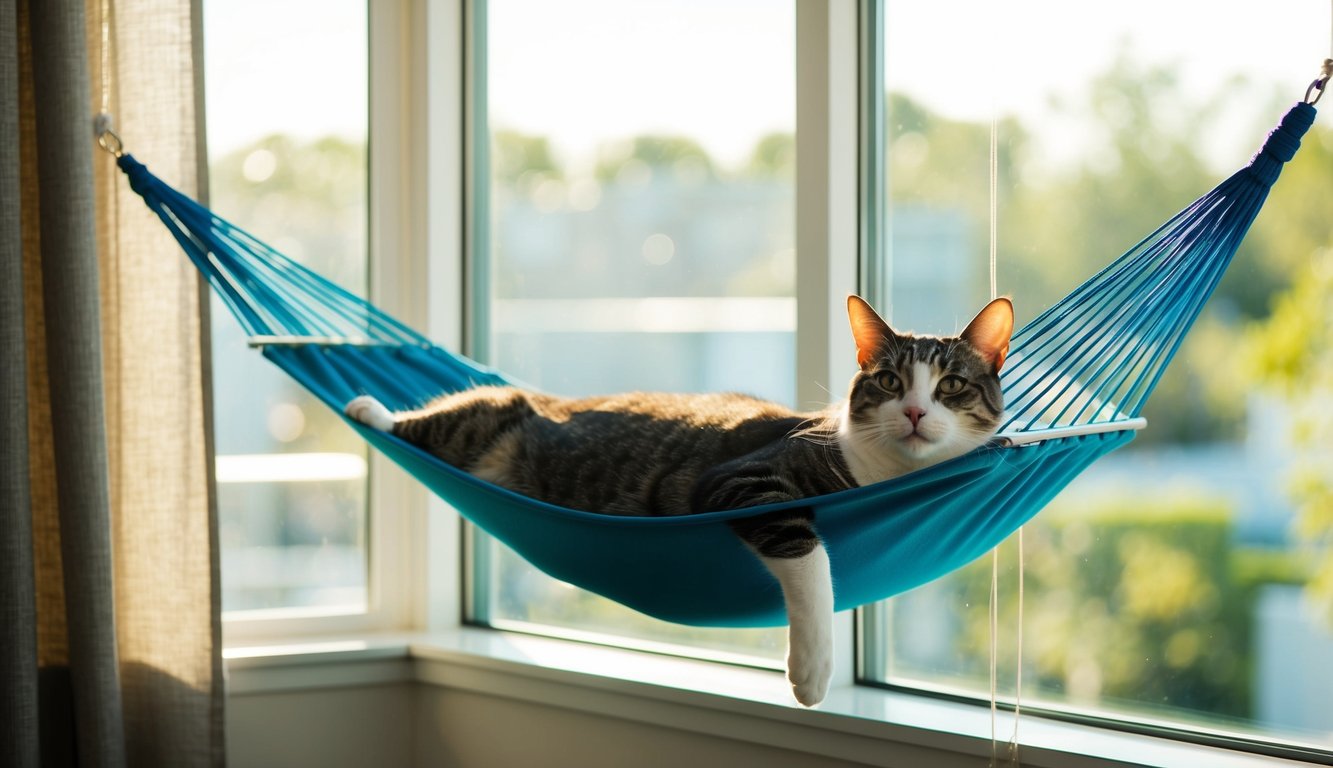 A cat lounges in a window-mounted hammock, basking in the sunlight streaming through. The sleek, modern design complements the room's decor
