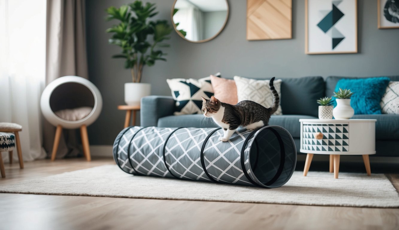 A sleek, modern cat tunnel with geometric patterns sits in a stylish living room, surrounded by other chic DIY cat furniture pieces