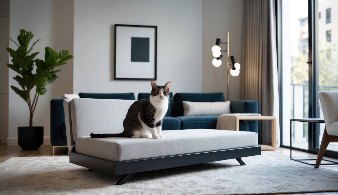 A sleek, modern convertible cat cabinet seamlessly blends into a stylish living room, featuring clean lines and a minimalist design