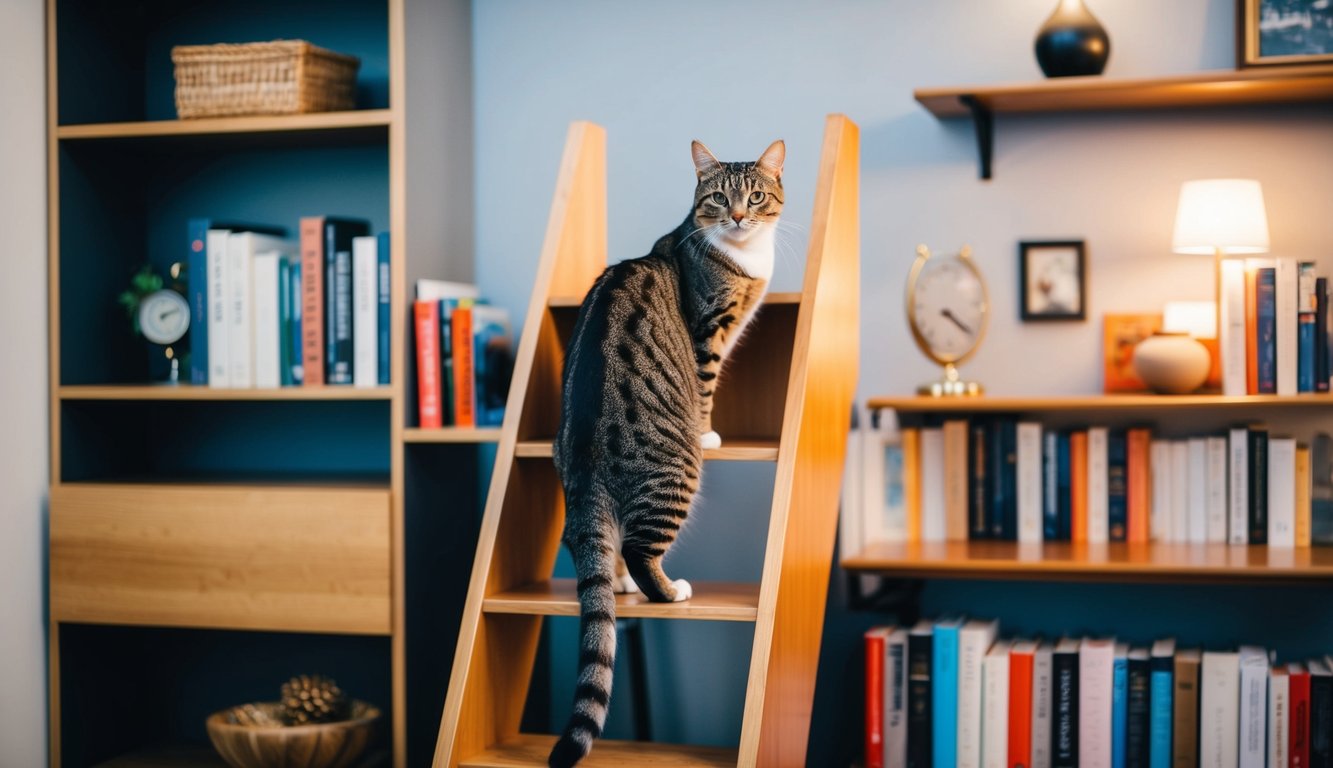 A cat climbs a stair-shaped bookcase, surrounded by stylish furniture